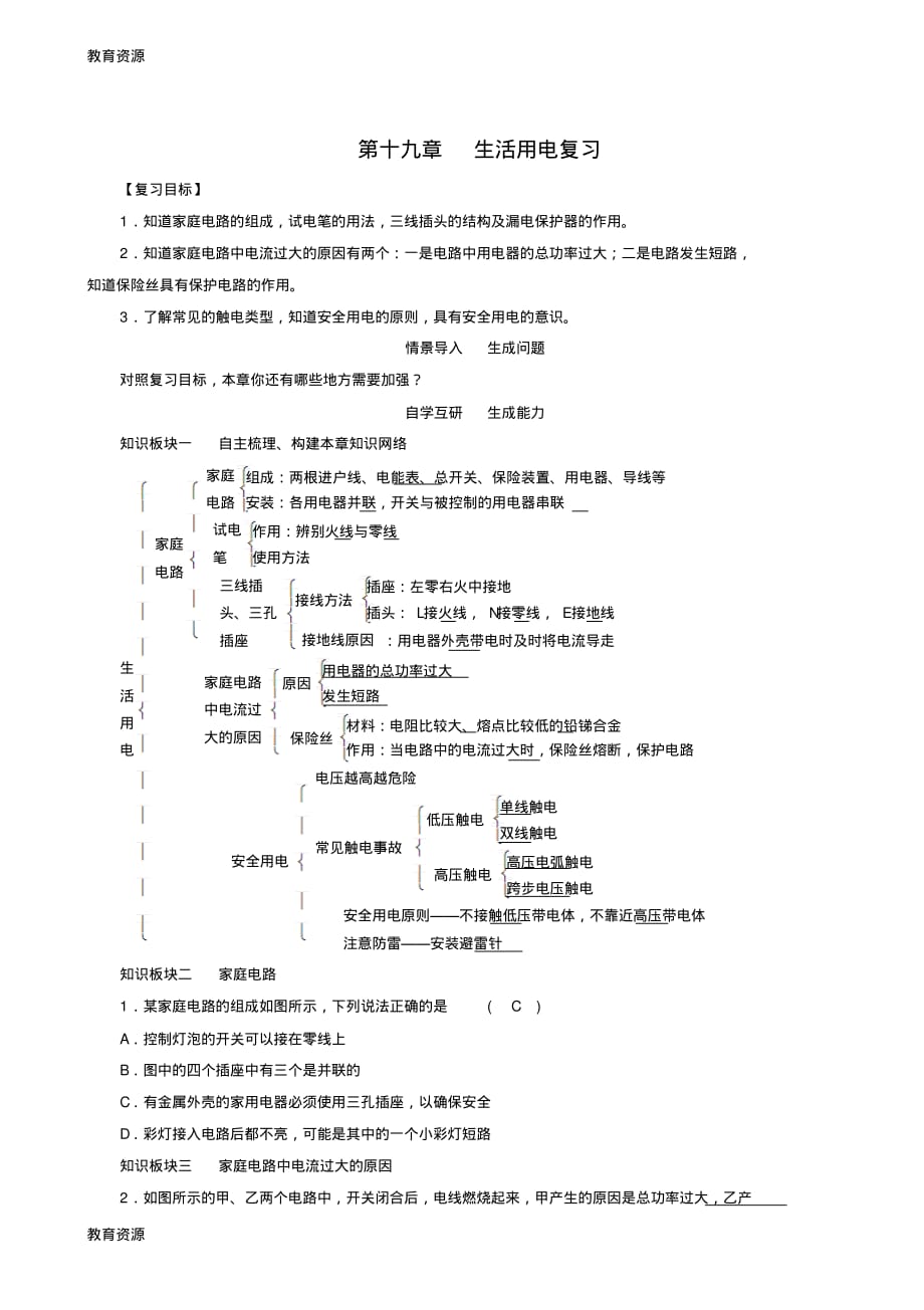 【教育资料】第19章生活用电复习学习专用_第1页