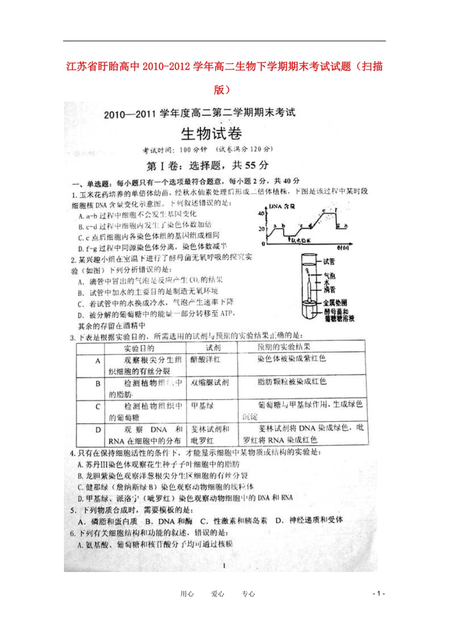 江苏省盱眙高中2010-2012学年高二生物下学期期末考试试题（扫描版）_第1页