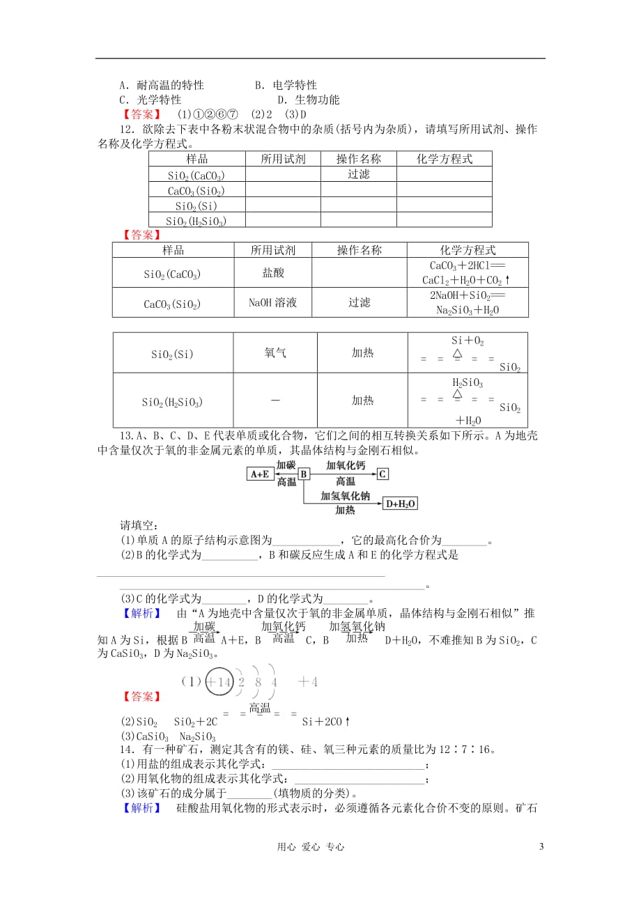 山东省高考化学一轮复习 第4章第1节 硅 无机非金属材料课时知能训练_第3页