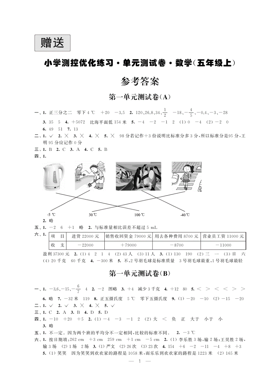 苏教版小学数学《小学测控优化练习单元测试卷》五年级上册答案_第1页