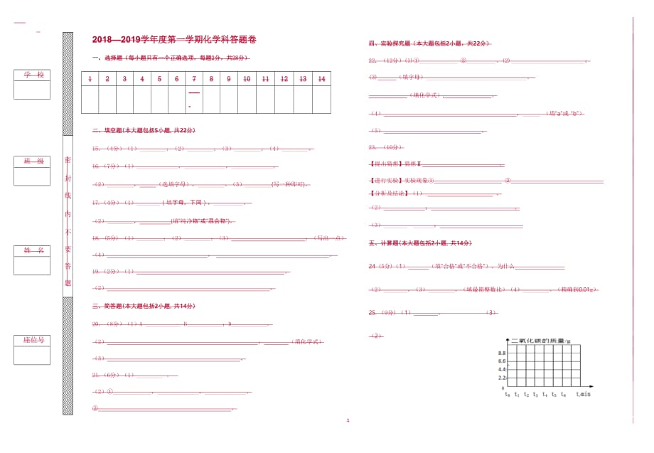 2021学年度第一学期化学科答题卷(定稿） 修订_第1页