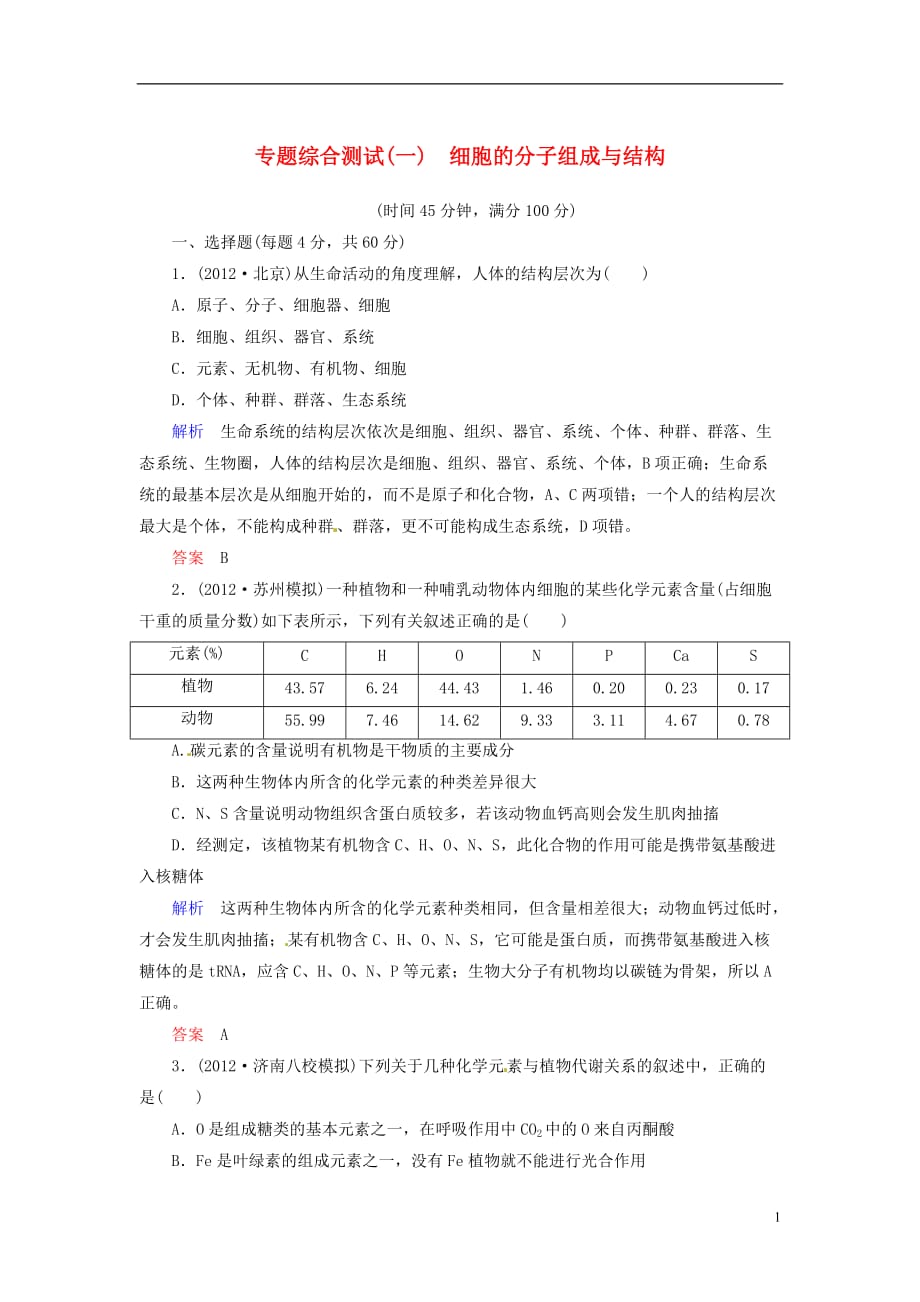 【状元之路】2013届高考生物 二轮热点专题专练钻石卷 综合测试(一)细胞的分子组成与结构 新人教版_第1页