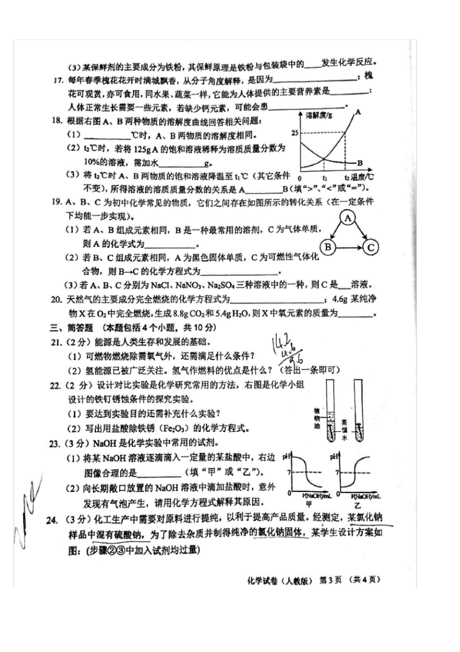 初中化学九年级下册五科竞赛化学卷子全册_第3页