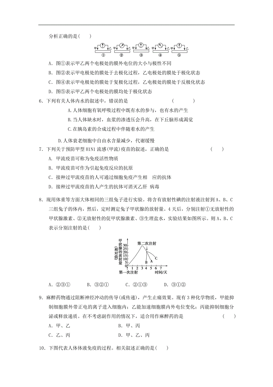 2012届高考生物一轮复习 动物和人体生命活动的调节章末测试4 新人教版_第2页