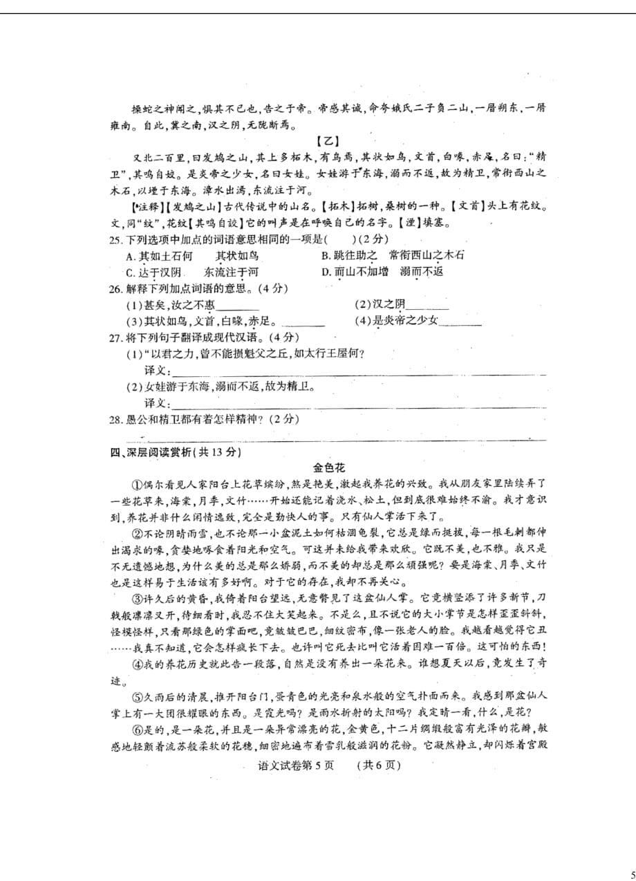 湖北省团风县2013届九年级语文下学期5月调研测试试题（扫描版无答案）_第5页