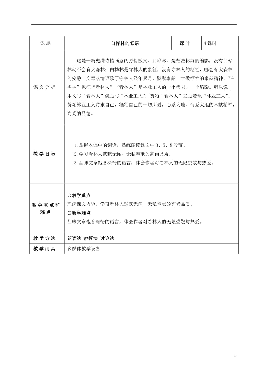 六年级语文上册 白桦林的低语 4教案 北师大版_第1页