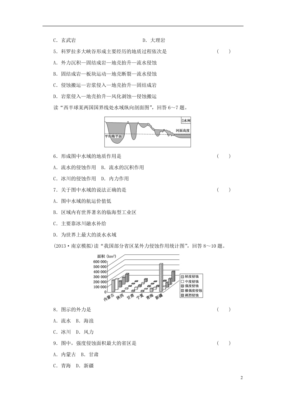 【三维设计】（广西专用）2014届高考地理一轮复习 第三单元 第一讲 地壳物质的组成与循环、地壳变动与地表形态课时跟踪检测_第2页