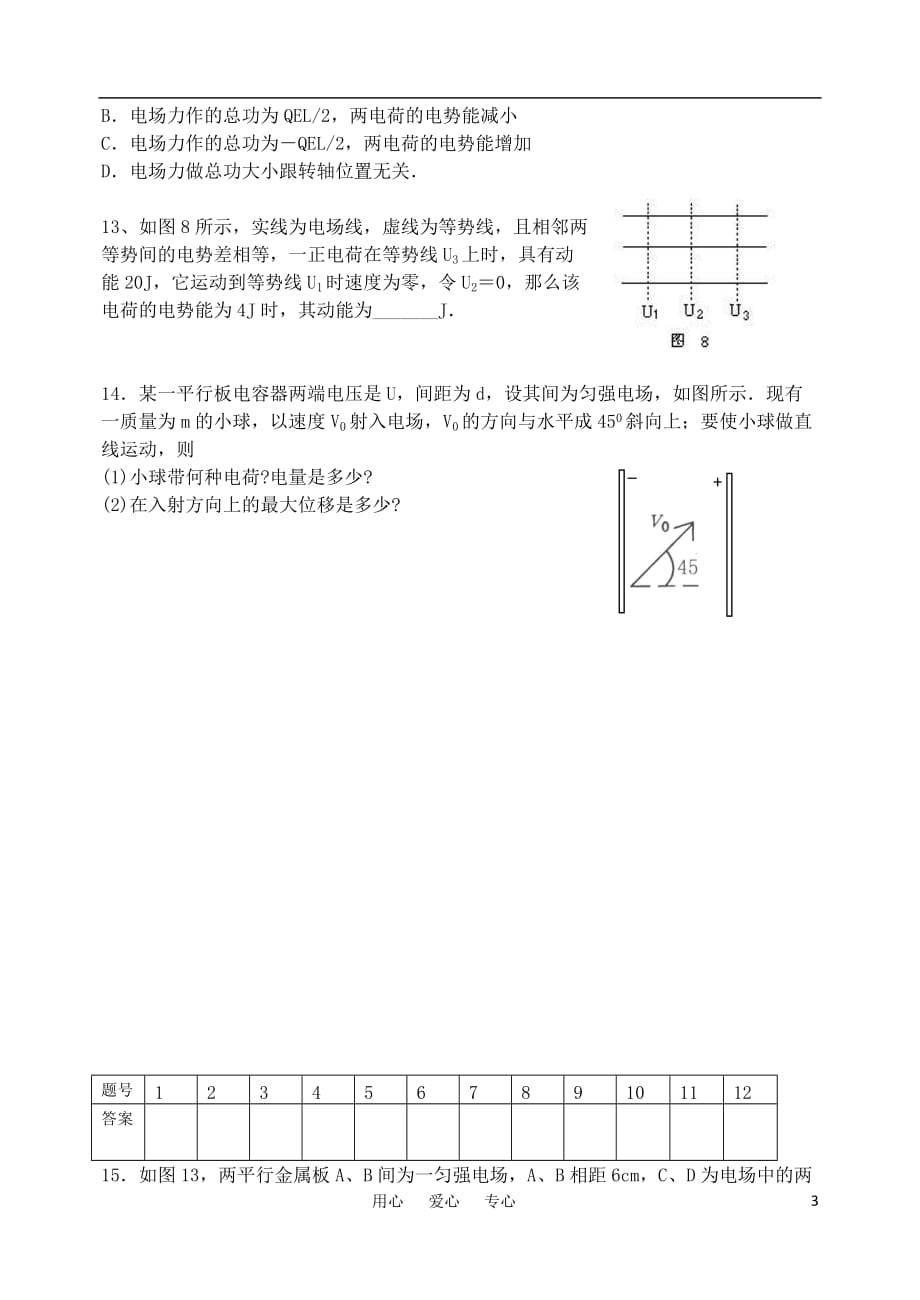 高中物理 电场综合习题（二） 新人教版选修3-1_第3页