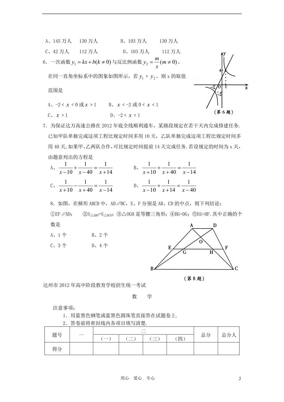 四川省达州市2012年中考数学真题试题_第2页