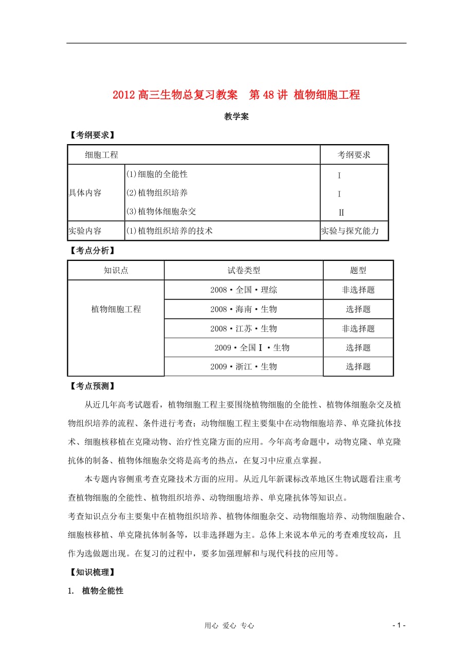 2012高三生物总复习 第48讲 植物细胞工程教案_第1页