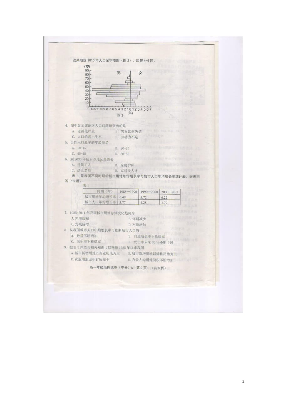 河北省唐山市2012-2012学年度高一地理第二学期期末考试（扫描版无答案）_第2页