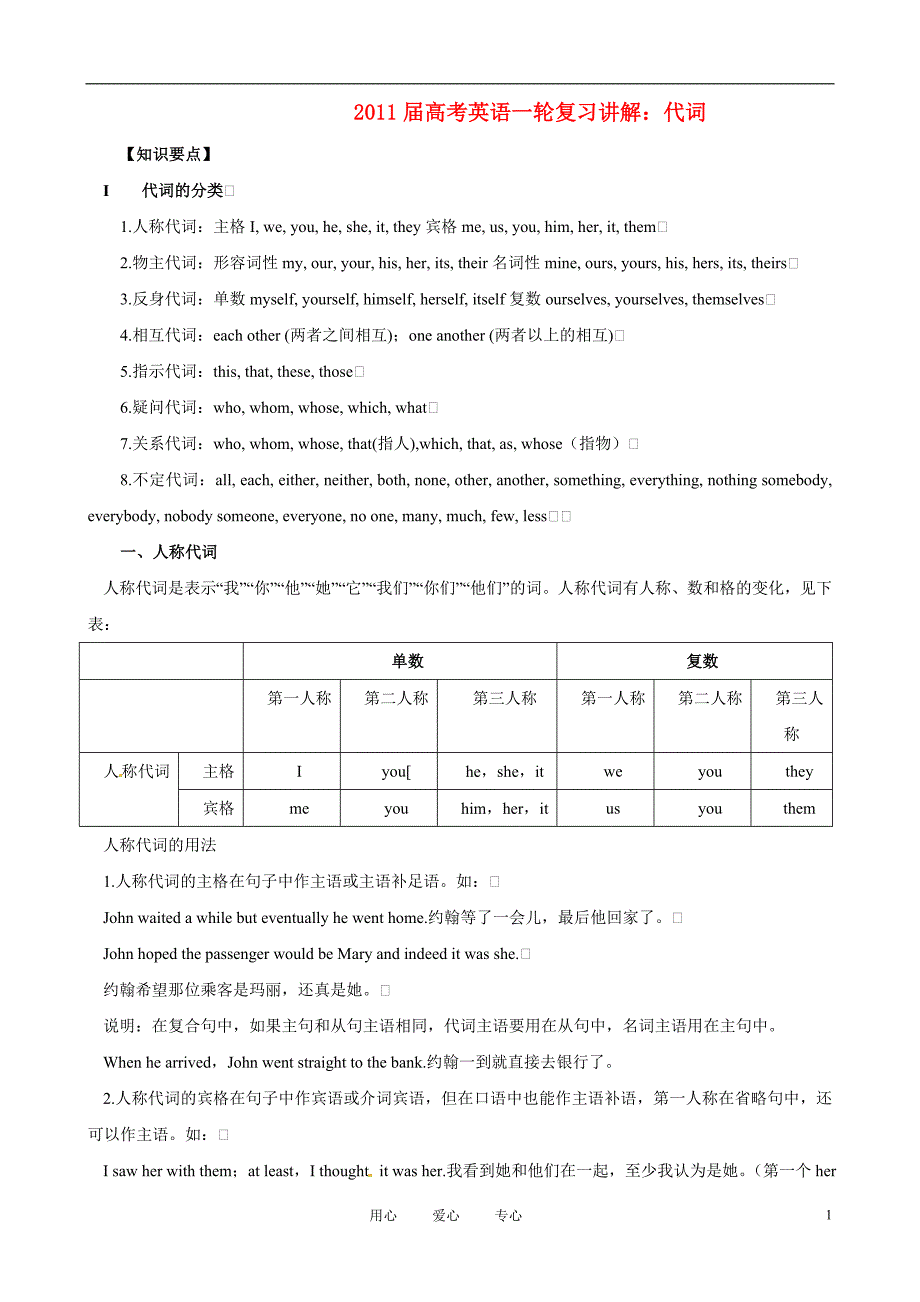 2011届高考英语一轮复习 代词讲解_第1页