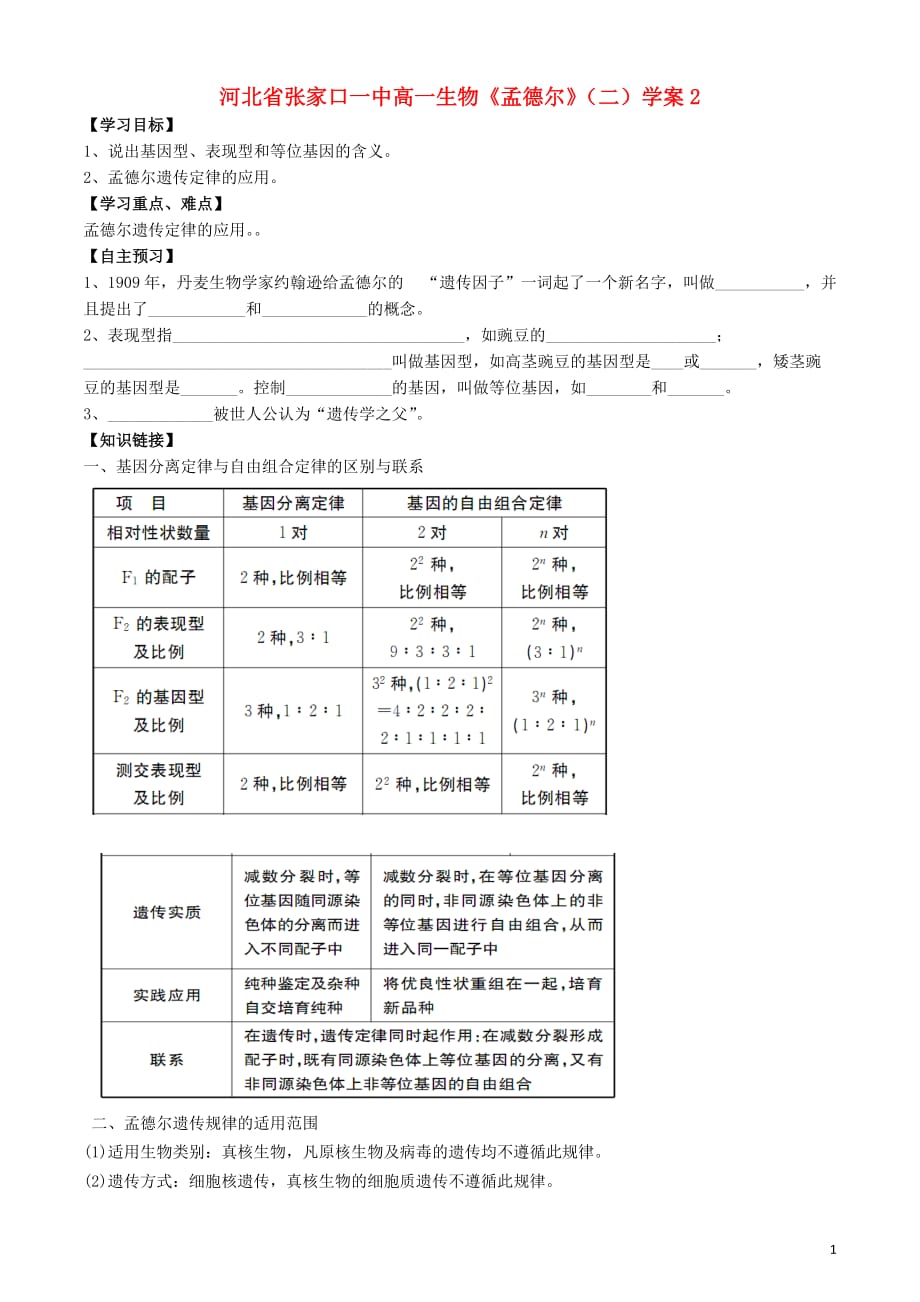 河北省高一生物《孟德尔》（二）学案2[1]_第1页