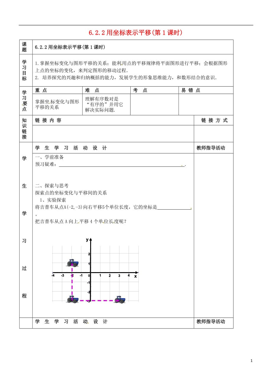 湖北省武汉市陆家街中学七年级数学下册 6.2.2用坐标表示平移（第1课时）导学案（无答案） 新人教版_第1页
