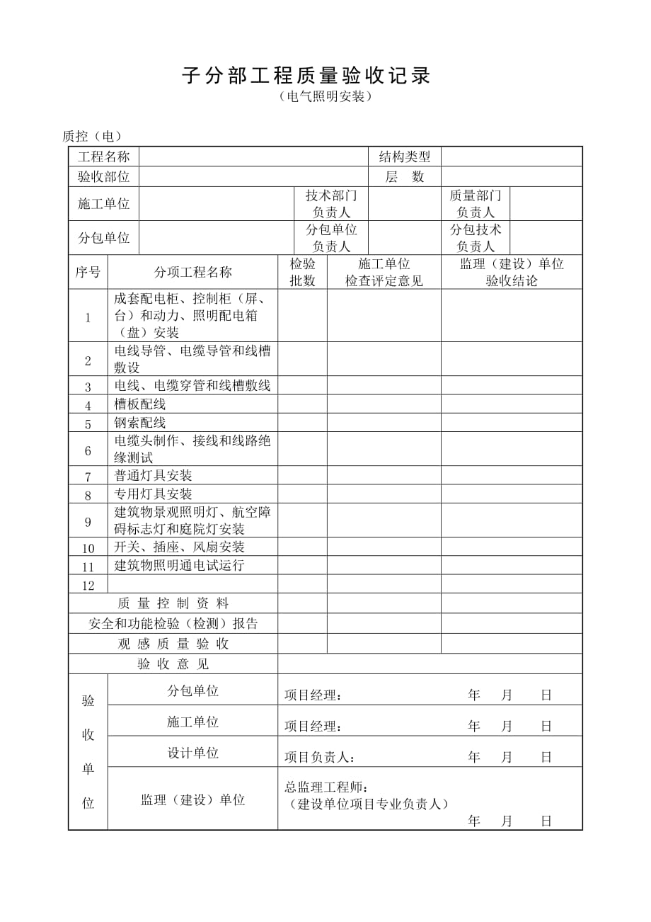 子分部工程质量验收记录（照明）_第1页