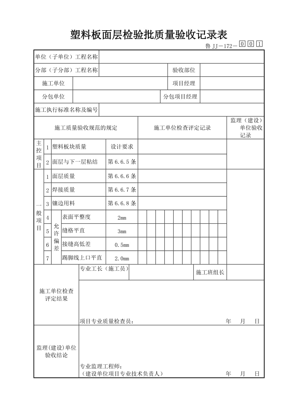 172塑料板面层检验批质量验收记录表_第1页