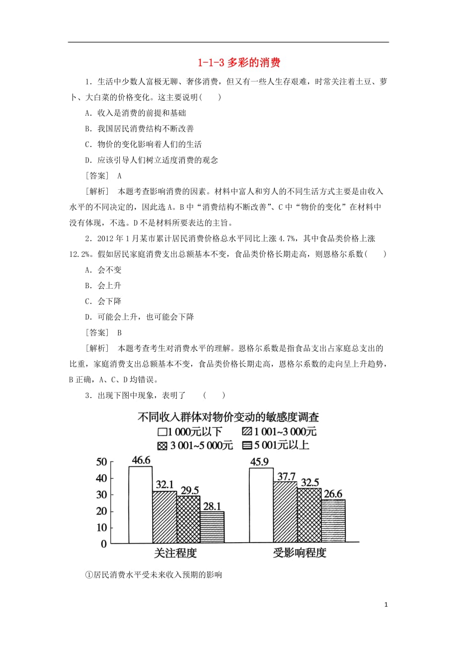 最新2013届高考政治总复习 1-1-3多彩的消费同步测试 新人教版_第1页