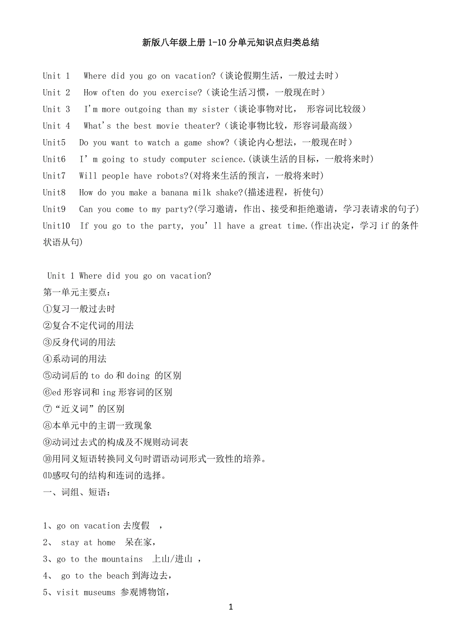 新人教版八年级英语上册各单元知识总结归纳[整理]_第1页