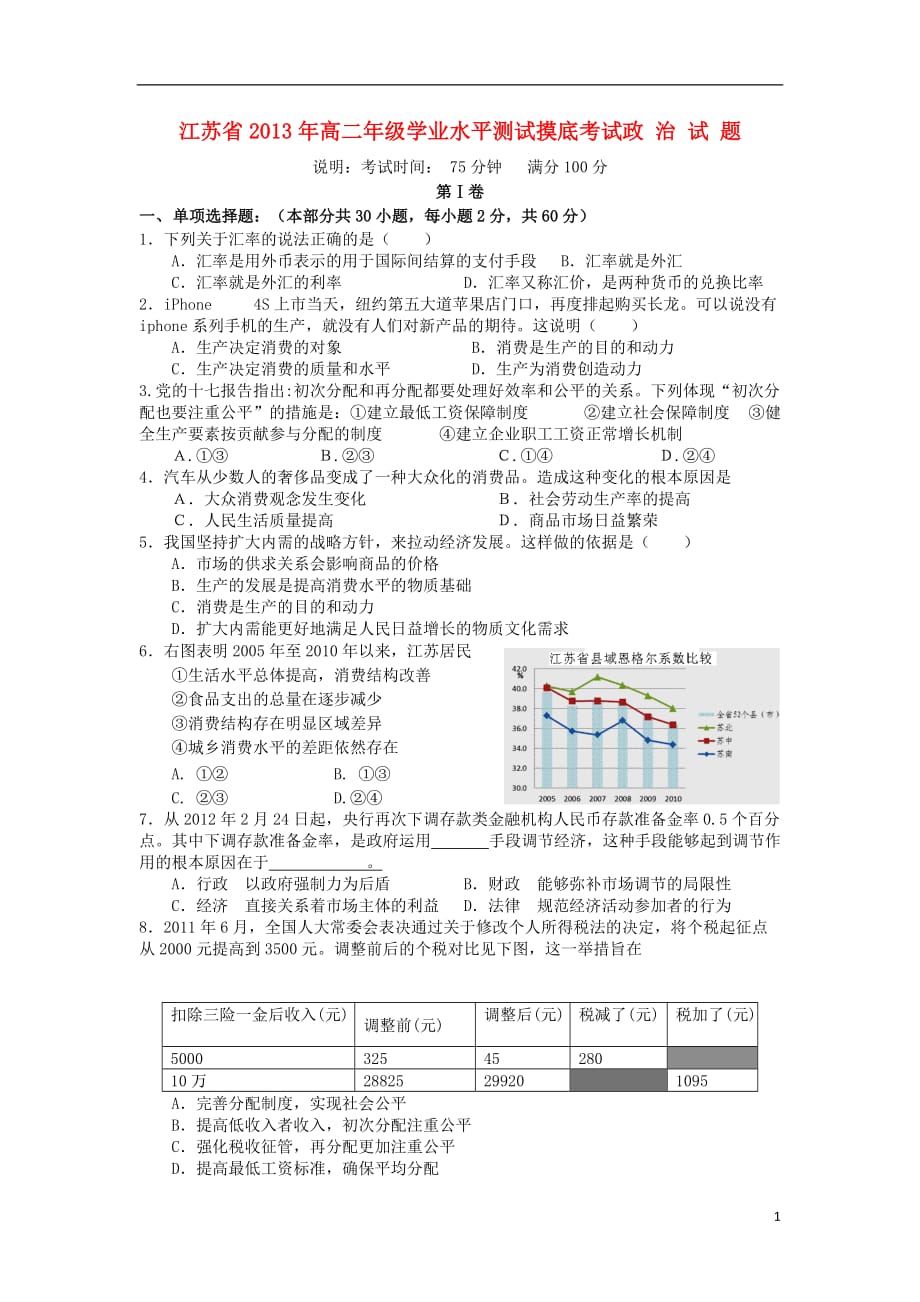 江苏省泰州市2012-2013学年高二政治学业水平测试模拟考试（必修）试题（无答案）新人教版_第1页