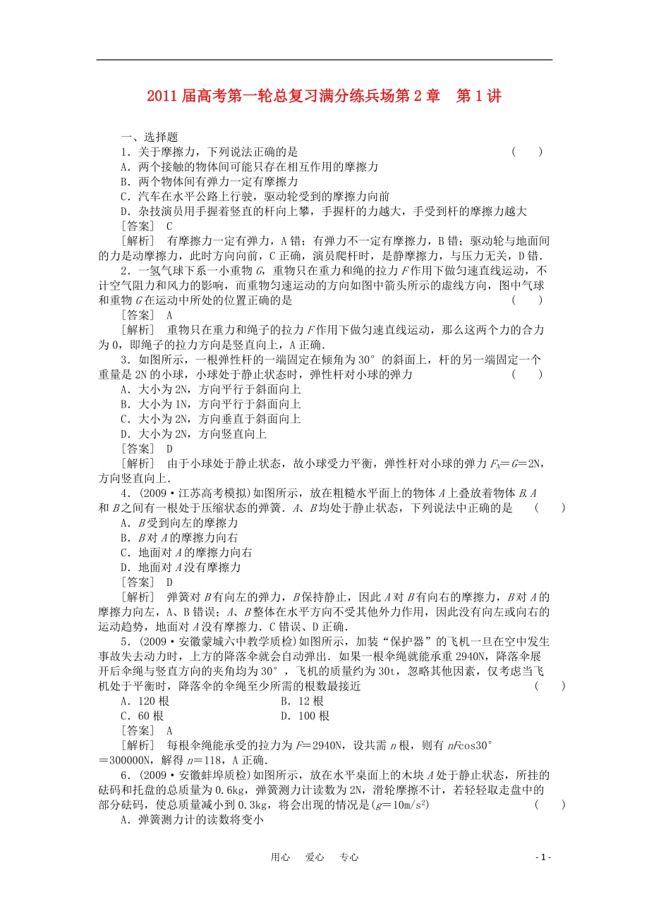 【精品】2011届高考物理第一轮总复习满分练兵场 第2章第1讲_第1页