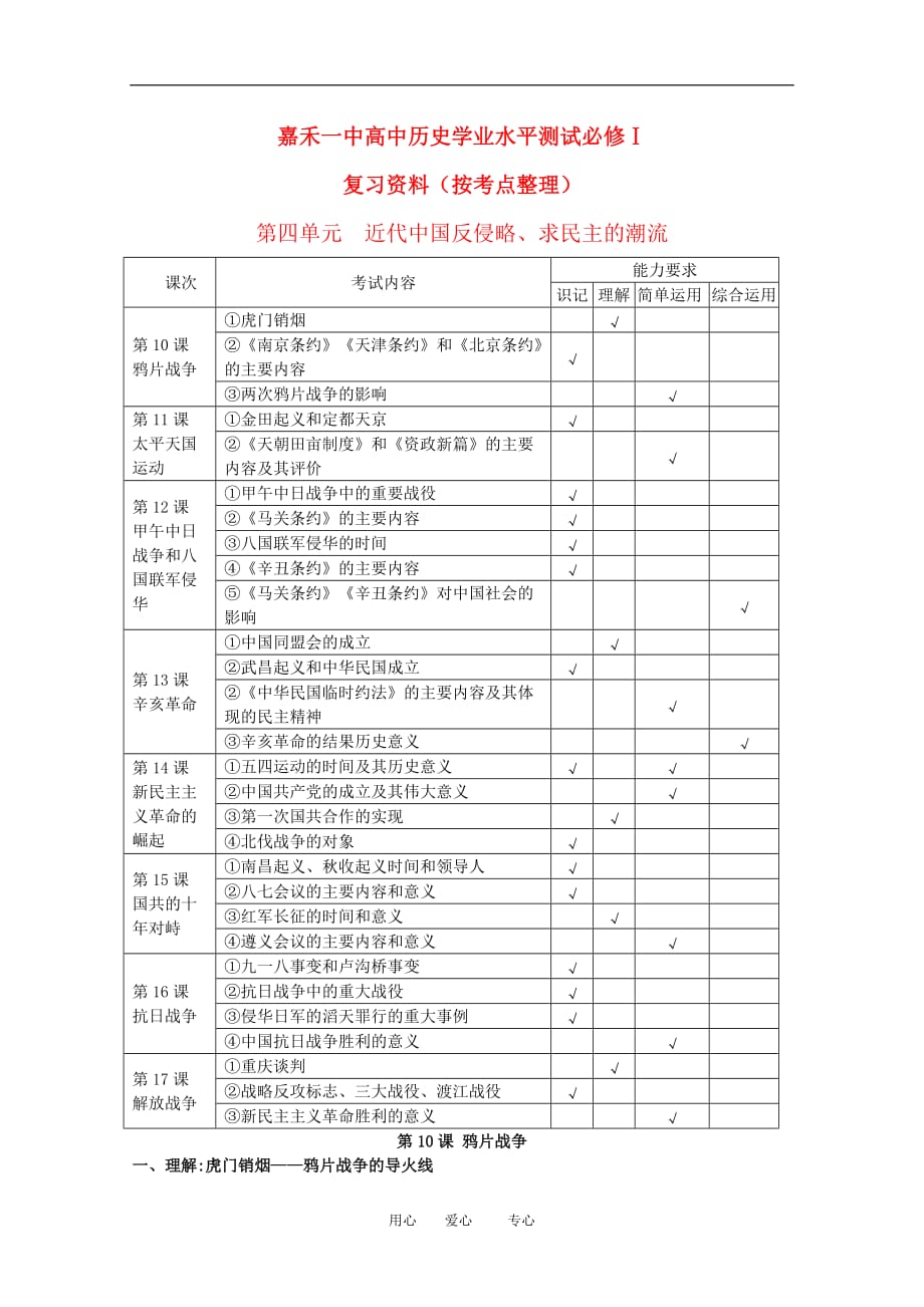 湖南省示范性高中嘉禾一中2010年高三历史学业水平测试按考点整理最后冲刺：近代中国反侵略、求民主的潮流人教版必修1_第1页