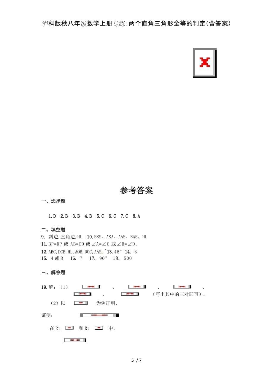 泸科版秋八年级数学上册专练：两个直角三角形全等的判定（含答案）_第5页