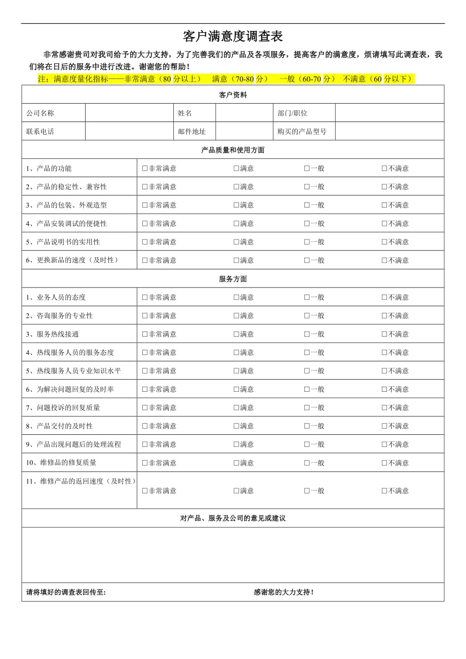 客户满意度调查表模板-客户满意程度调查表（可编辑）_第1页