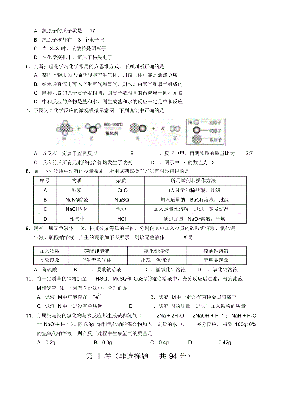 济南市历城区九年级二模化学试题及答案_第2页