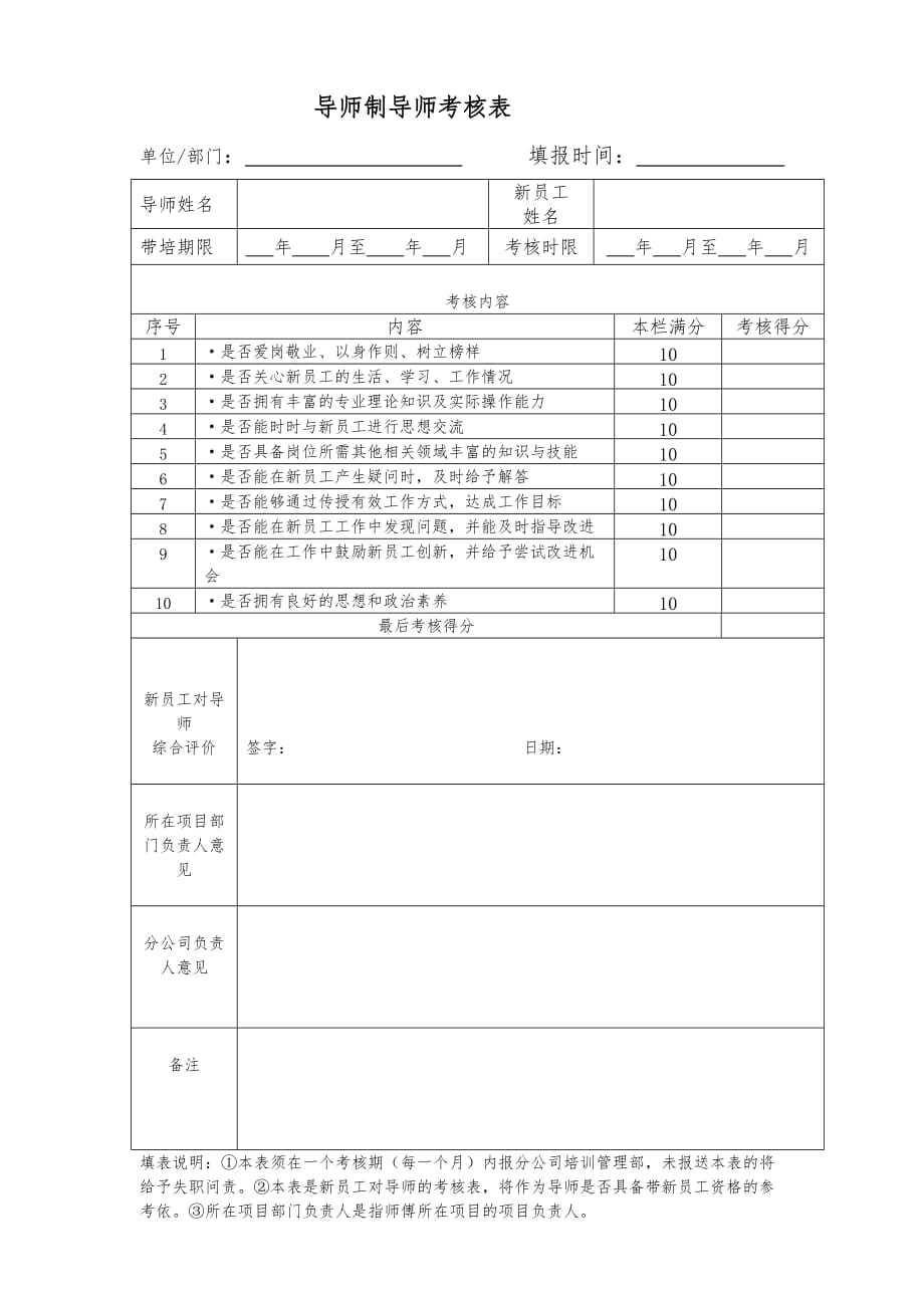 导师制导师考核表（可编辑）_第1页