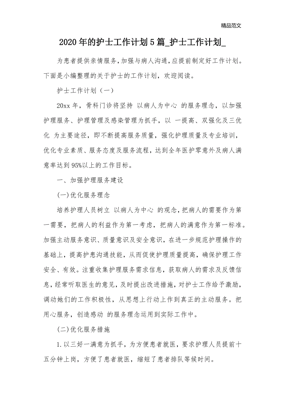 2020年的护士工作计划5篇_护士工作计划__第1页