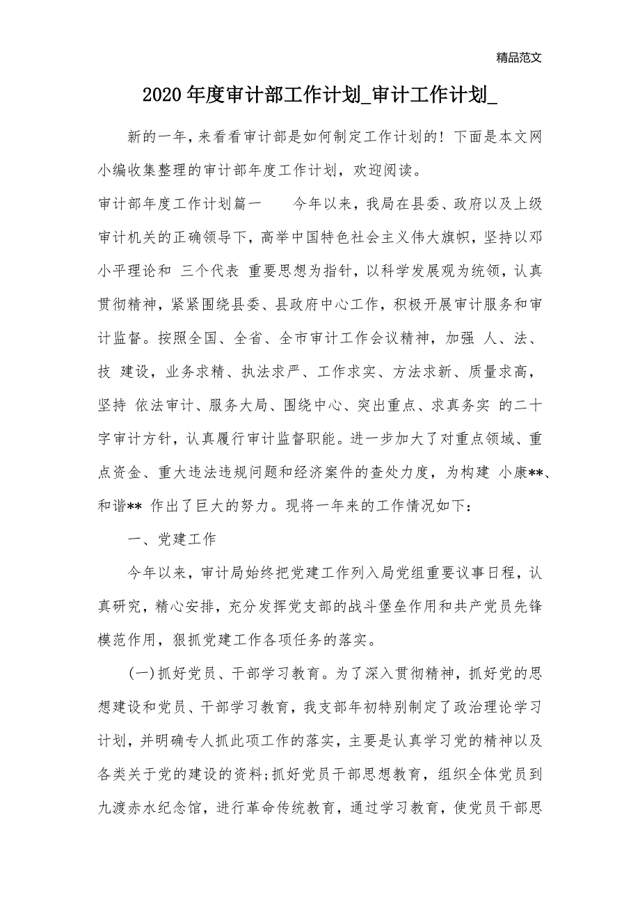 2020年度审计部工作计划_审计工作计划__第1页