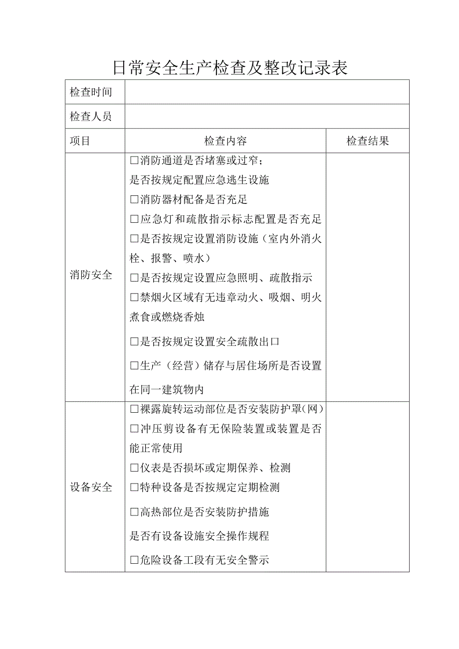 公司企业日常安全生产检查记录表（可编辑）_第1页