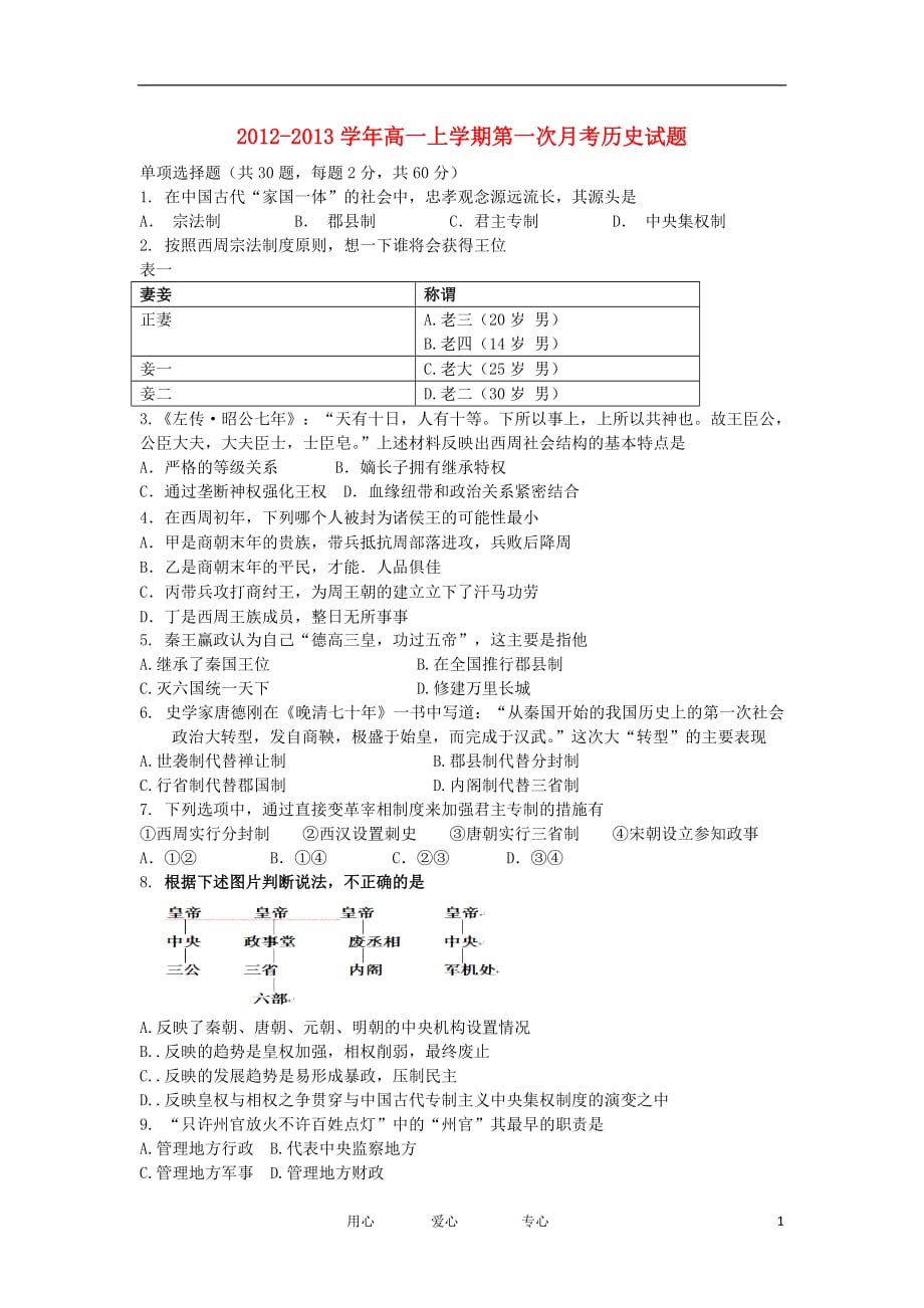 浙江省台州市外国语学校2012-2013学年高一历史上学期第一次月考试题人民版_第1页