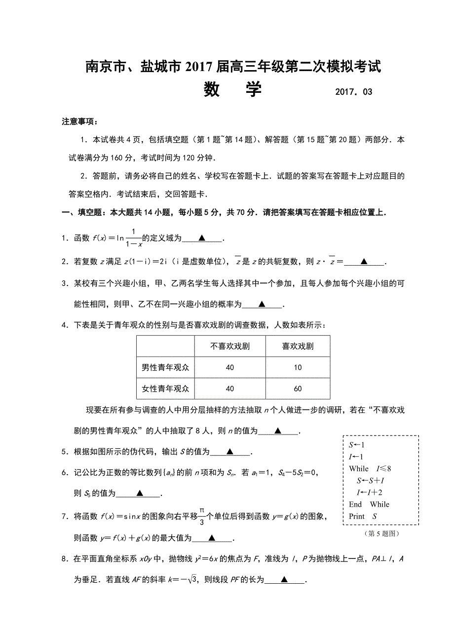 （精选）南京市、盐城市2017届高三年级第二次模拟考试数学试卷(含答案)_第1页