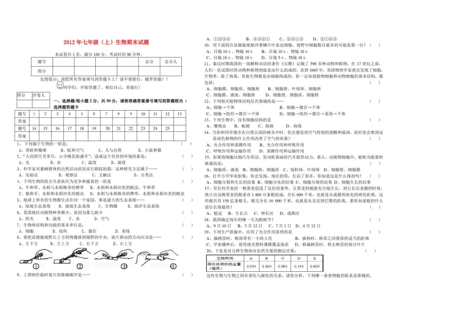 2639编号七年级生物上册_期末试卷_人教版_第1页