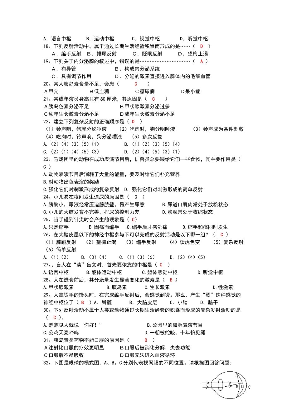 七年级生物下第六章人体生命活动的调节期末复习题及答案doc_第2页