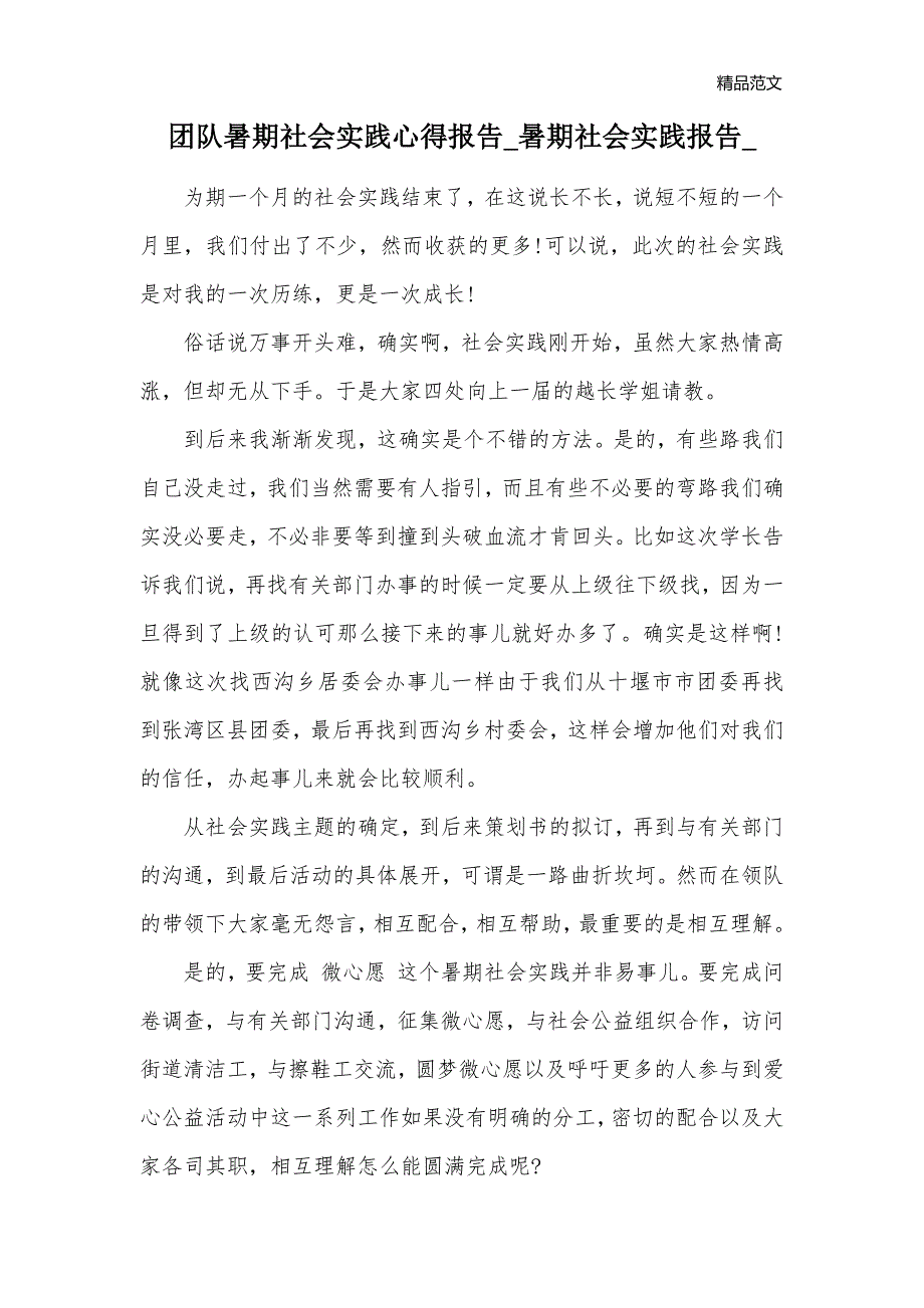 团队暑期社会实践心得报告_暑期社会实践报告__第1页