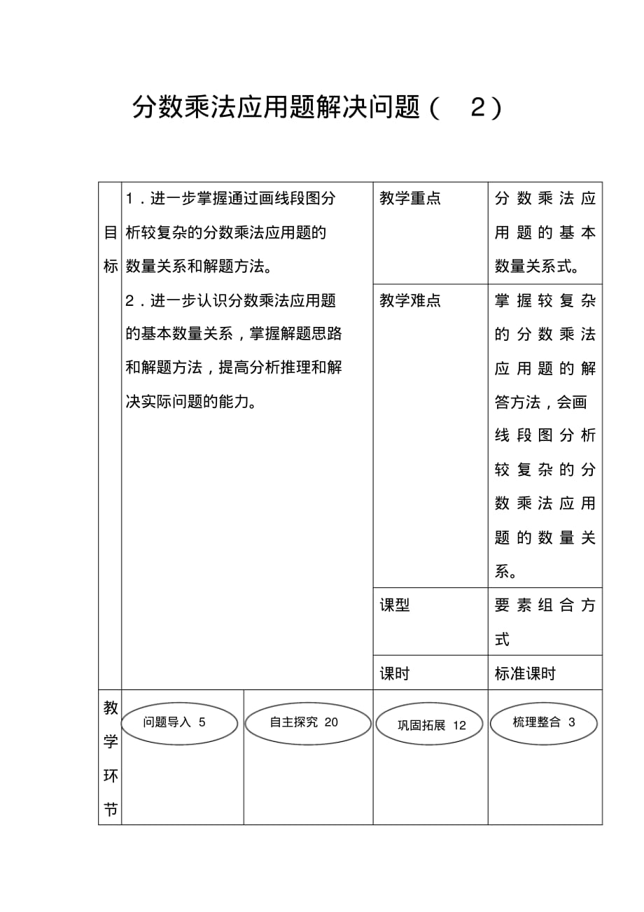 人教版六年级数学上册：第二单元《分数乘法-应用题解决问题》教案_第1页