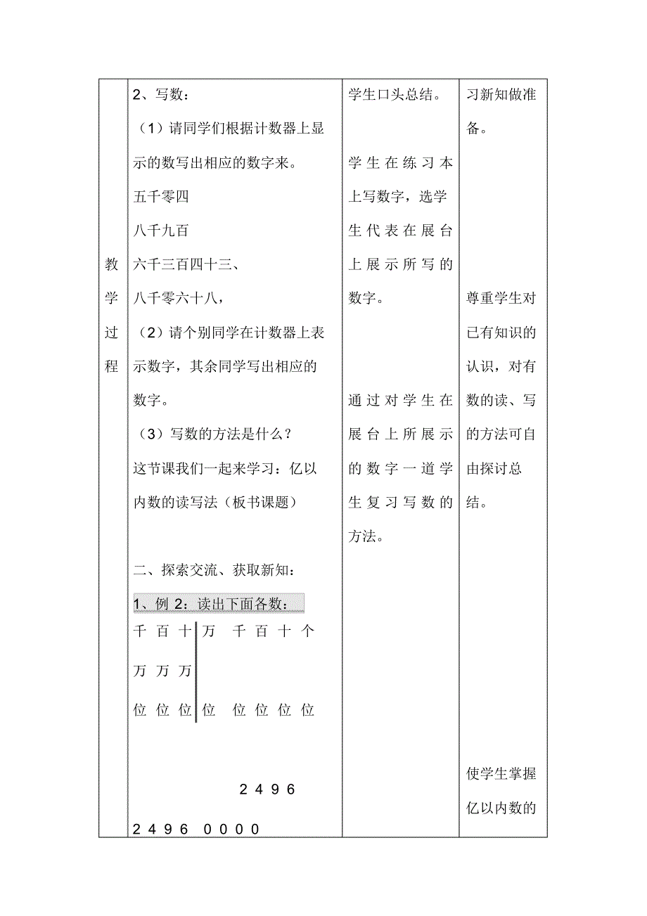 人教版四年级数学上册：第一单元《亿以内数的读写法(例2、例3)》表格式教案_第2页