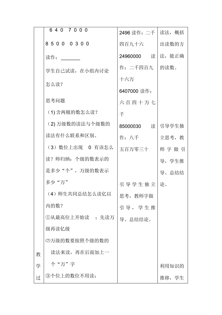 人教版四年级数学上册：第一单元《亿以内数的读写法(例2、例3)》表格式教案_第3页