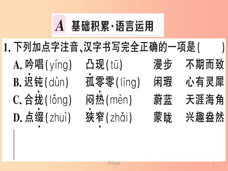 贵州专版2019春七年级语文下册第六单元23带上她的眼睛习题课件新人教版(1)_第2页