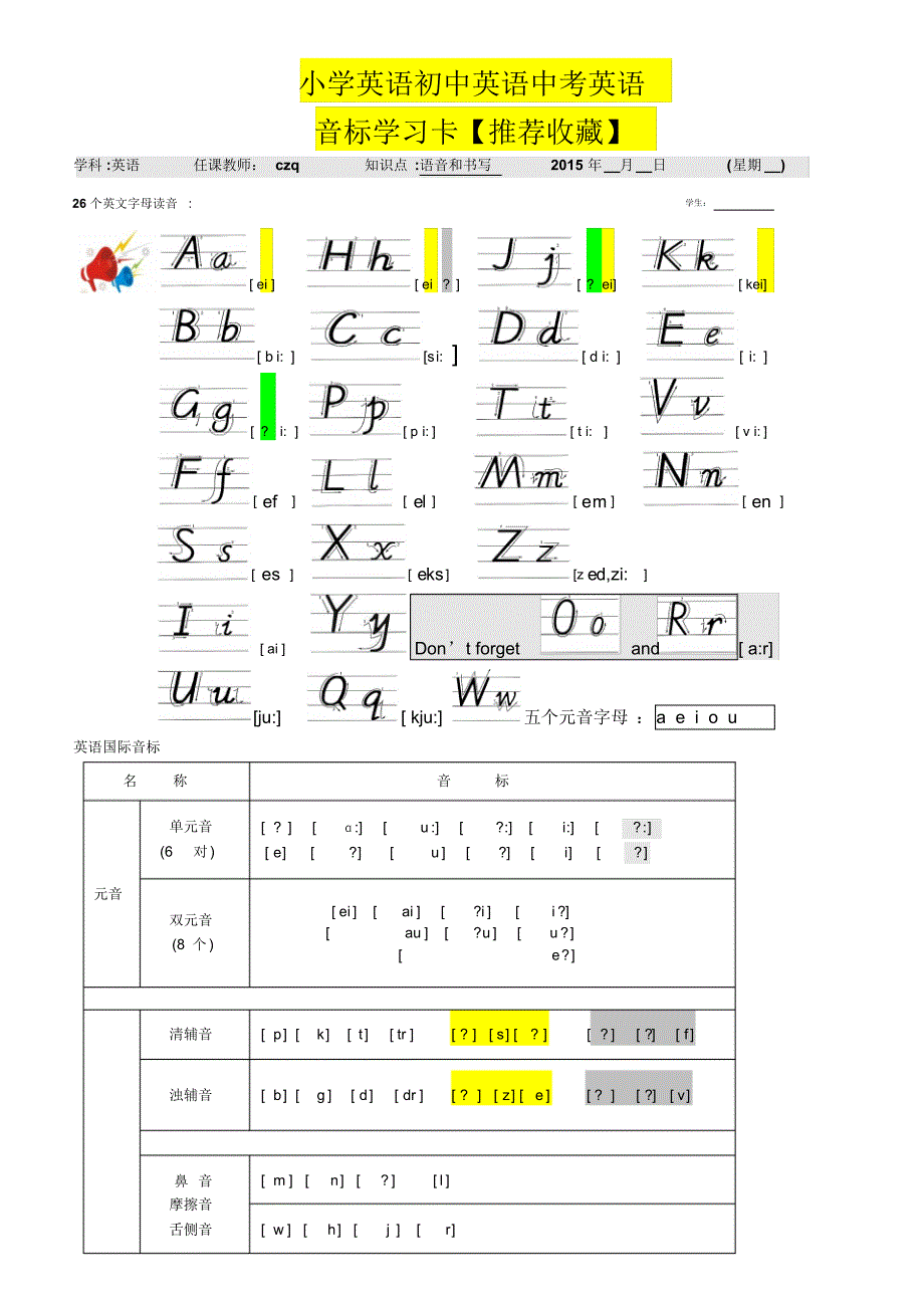 小学英语初中英语中考英语音标学习卡【推荐收藏】_第1页