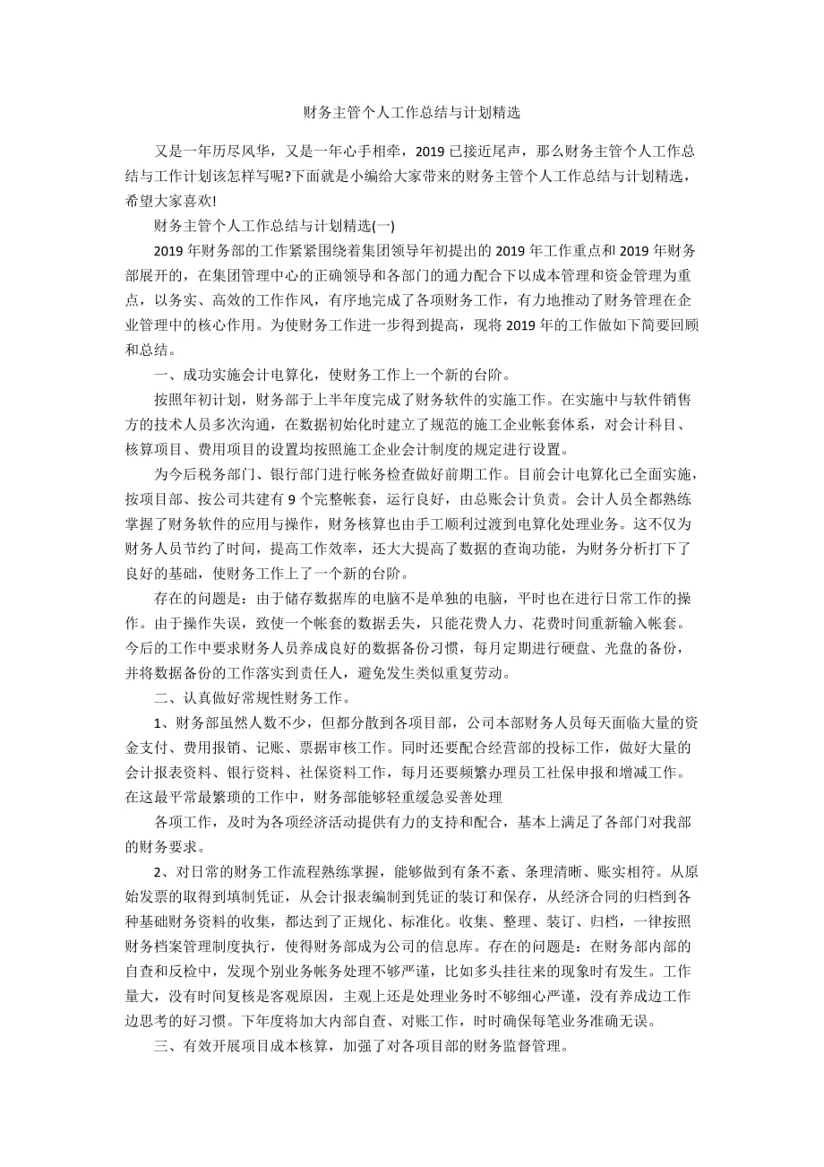 财务主管个人工作总结与计划精选_第1页