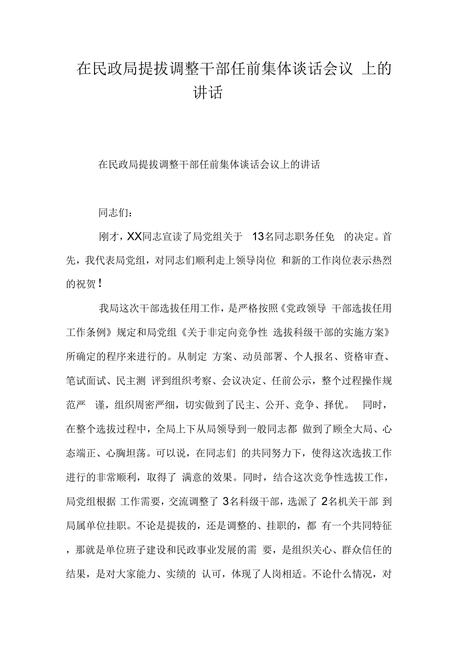 在民政局提拔调整干部任前集体谈话会议上的讲话_第1页