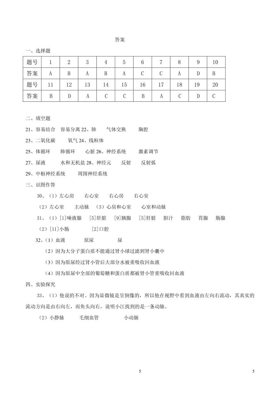 人教版七年级下册生物期末测试题含答案（2020年10月整理）.pdf_第5页