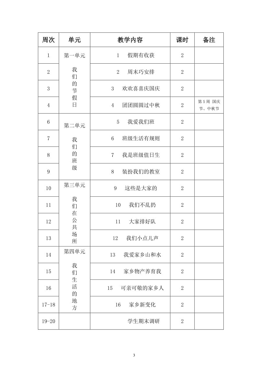 人教版二年级上册道德与法治教学计划（2020年10月整理）.pdf_第3页