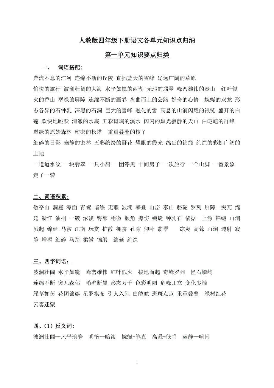 人教版四年级下册语文各单元重点知识点（2020年10月整理）.pdf_第1页