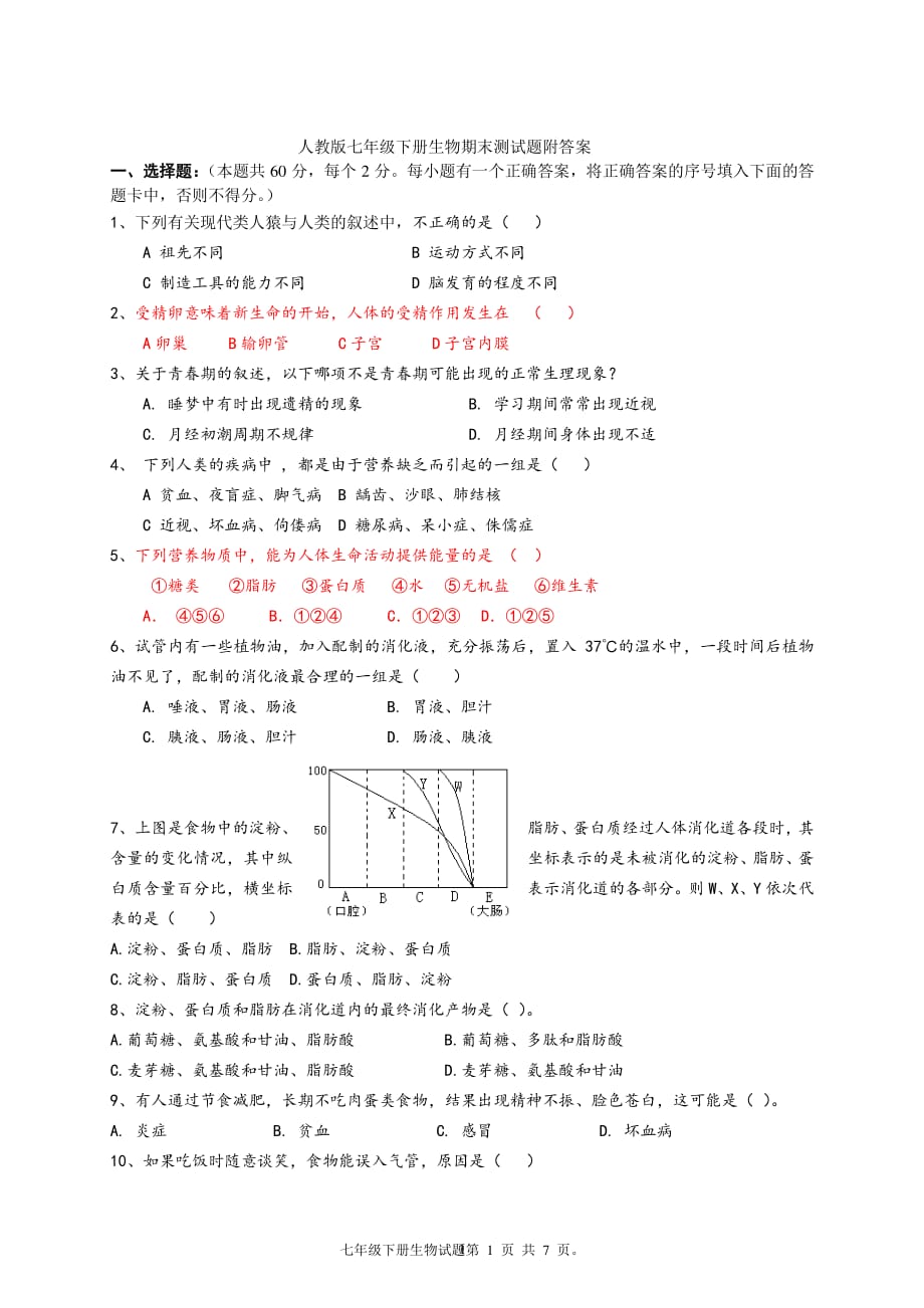 人教版七年级下册生物期末测试题附答案（2020年10月整理）.pdf_第1页