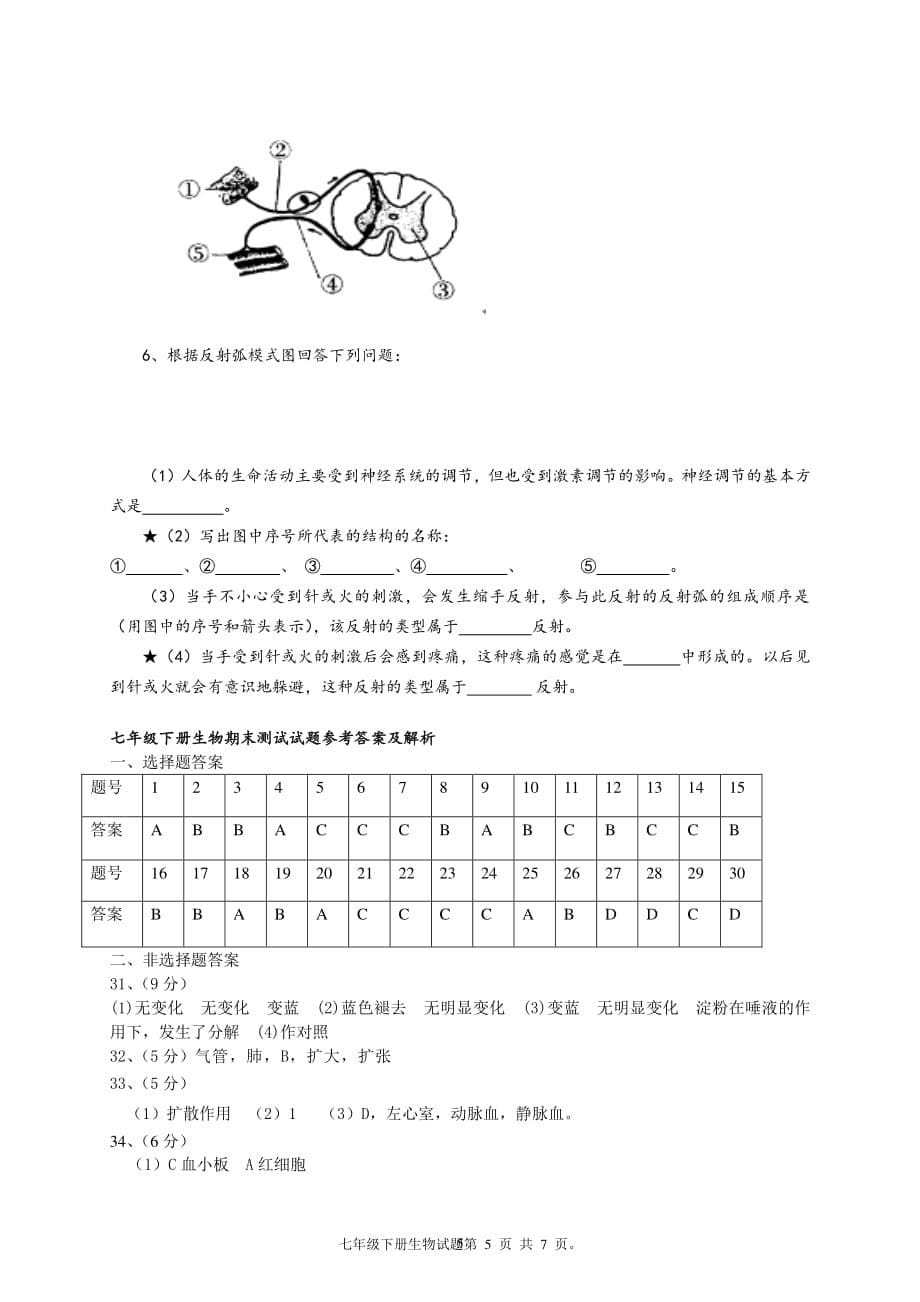 人教版七年级下册生物期末测试题附答案（2020年10月整理）.pdf_第5页