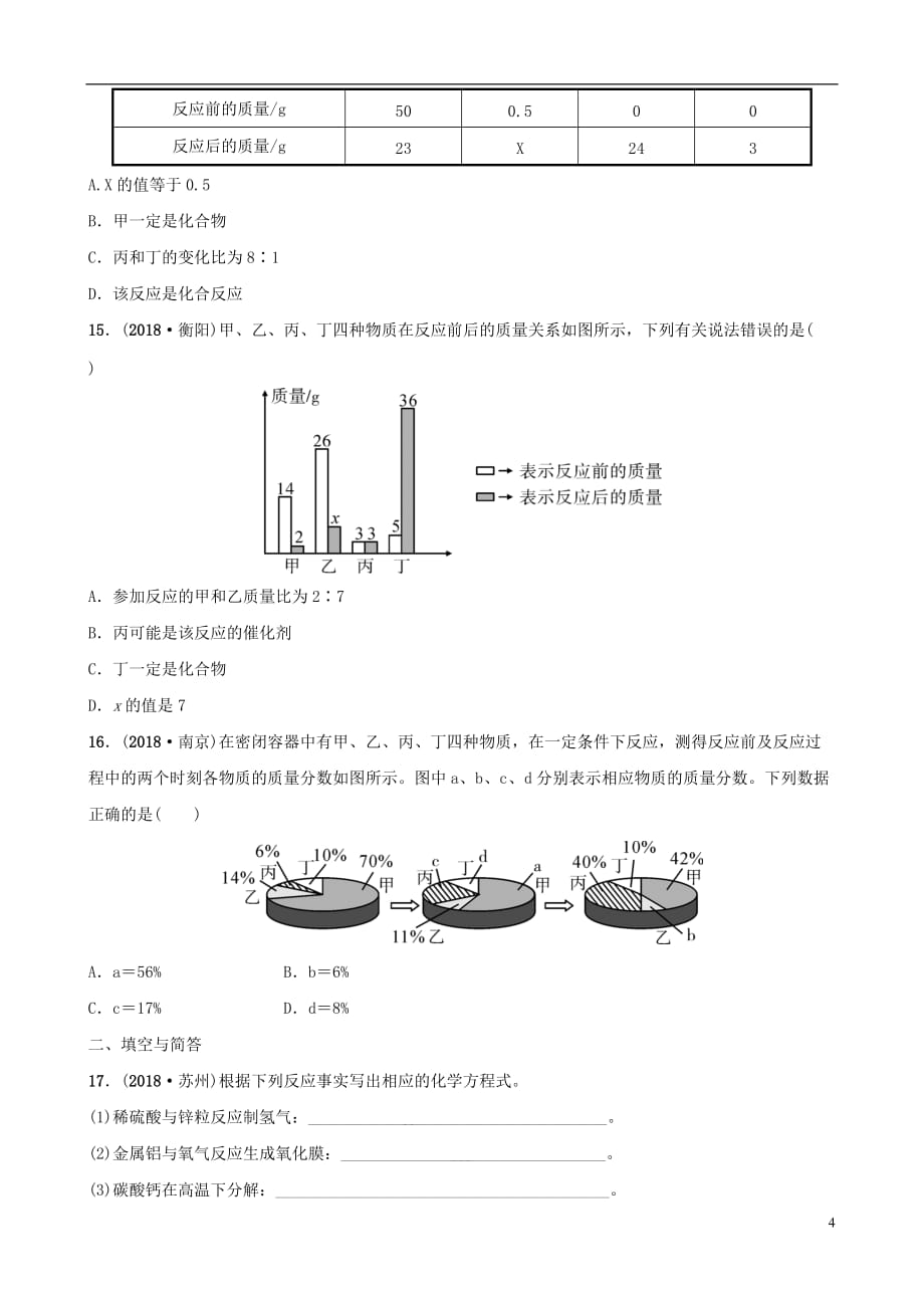 云南省中考化学总复习 第五单元 化学方程式训练_第4页